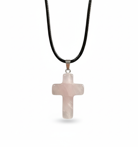 Pingente Cruz Cristal Quartzo Rosa
