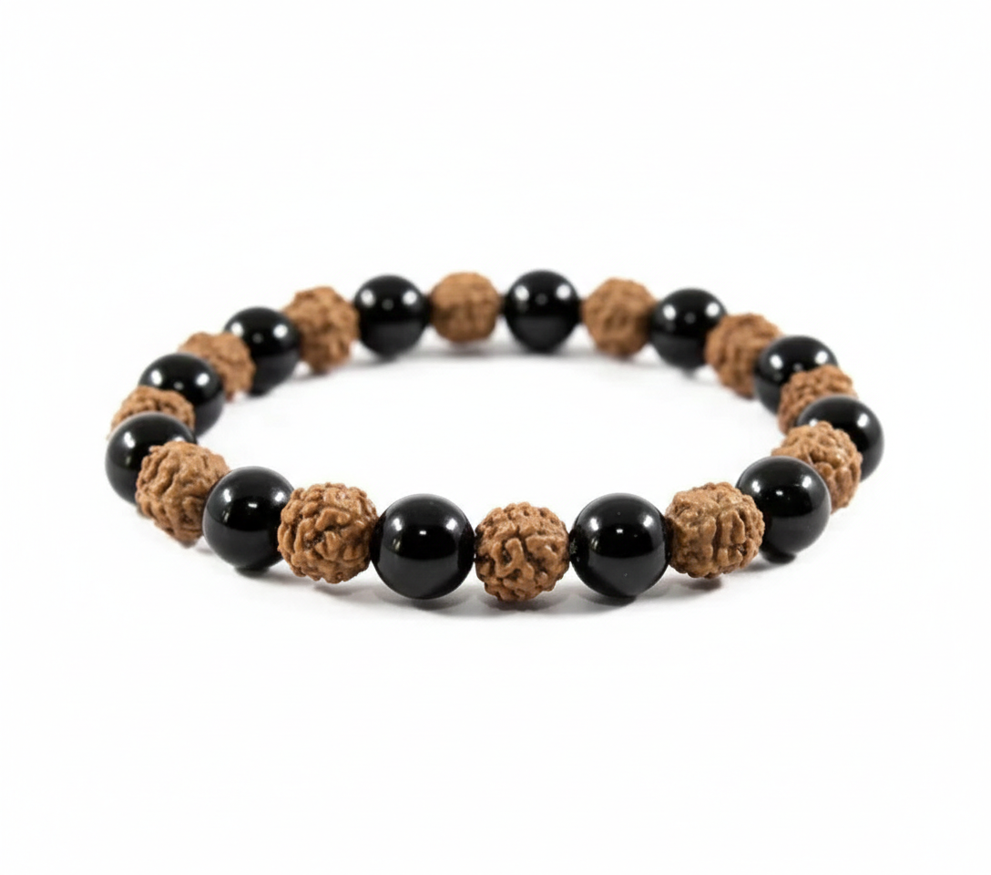 Pulseira de Rudraksha e Obsidiana Negra