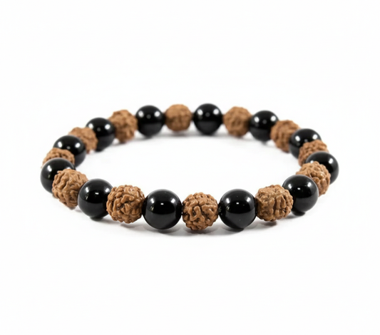 Pulseira de Rudraksha e Obsidiana Negra